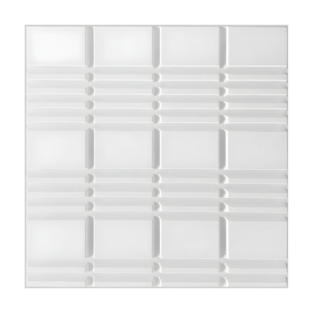 White 3D PVC wall panel, 50 x 50cm, with a geometric grid of flat rectangular blocks in four columns and rows of narrow horizontal bars, shown on a plain background.