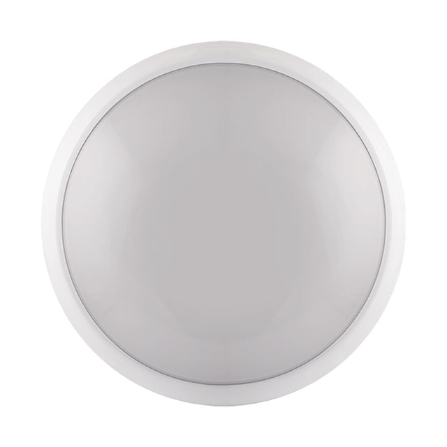 ESP Duceri circular emergency bulkhead light with white polycarbonate housing and diffused lens, 14W CCT integrated LED, IP65 rated, on a white background.