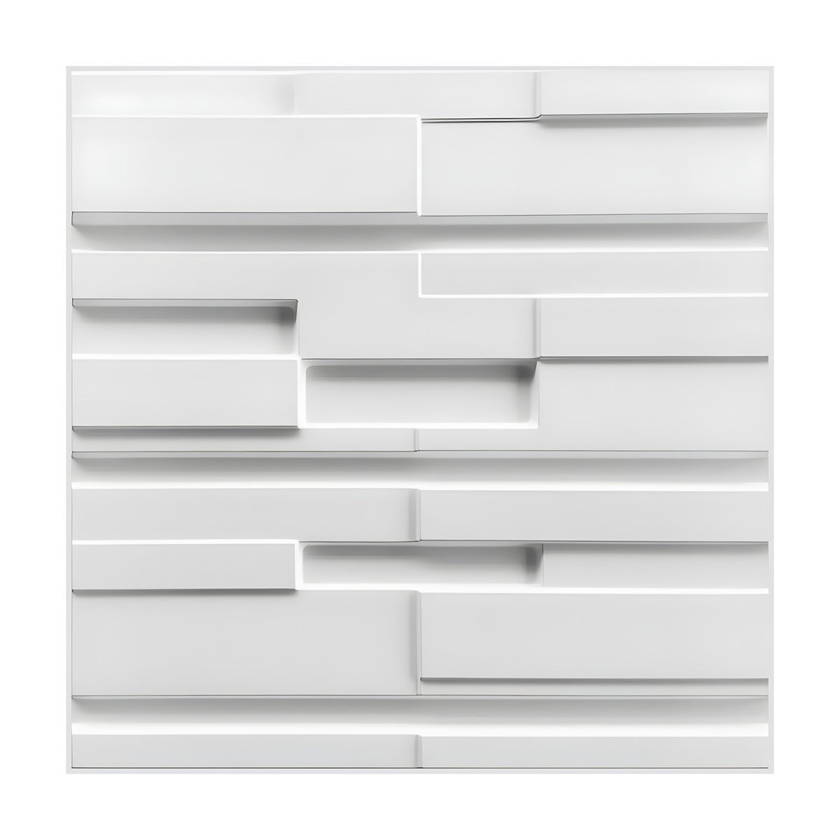 White 3D PVC wall panel, 50 x 50cm, with staggered rectangular blocks at varying depths and recessed horizontal channels, shown on a plain background.