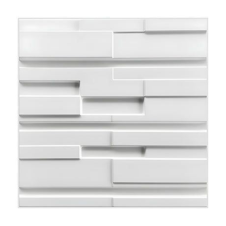 White 3D PVC wall panel, 50 x 50cm, with staggered rectangular blocks at varying depths and recessed horizontal channels, shown on a plain background.