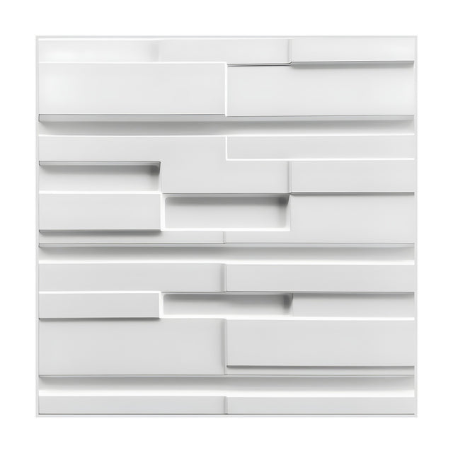 White 3D PVC wall panel, 50 x 50cm, with staggered rectangular blocks at varying depths and recessed horizontal channels, shown on a plain background.