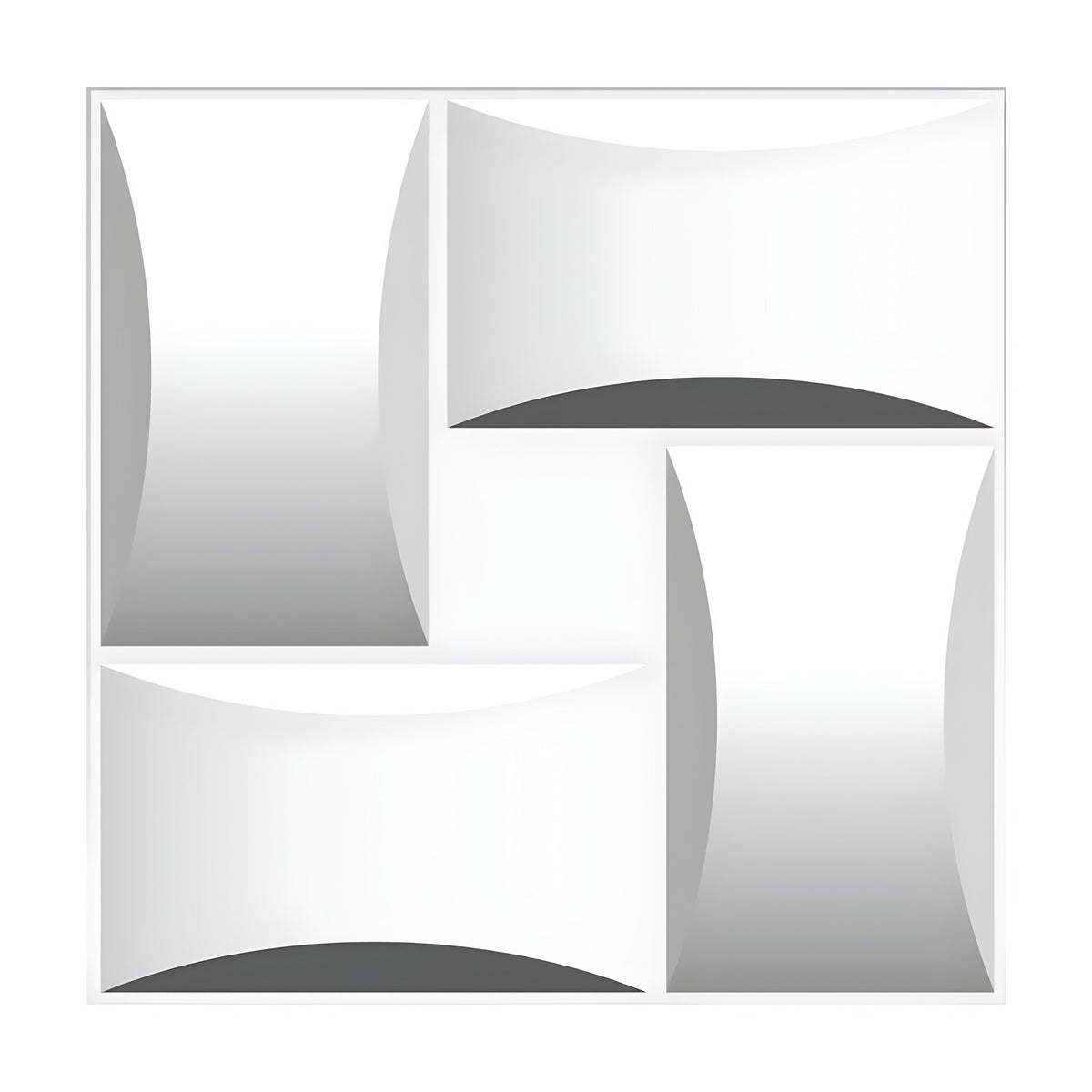 White 3D PVC wall panel, 50 x 50cm, with four curved windmill-pattern rectangles around a central square, shown on a plain background.