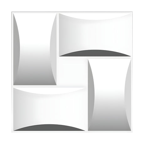 White 3D PVC wall panel, 50 x 50cm, with four curved windmill-pattern rectangles around a central square, shown on a plain background.