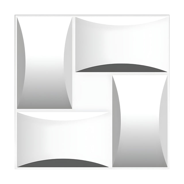 White 3D PVC wall panel, 50 x 50cm, with four curved windmill-pattern rectangles around a central square, shown on a plain background.