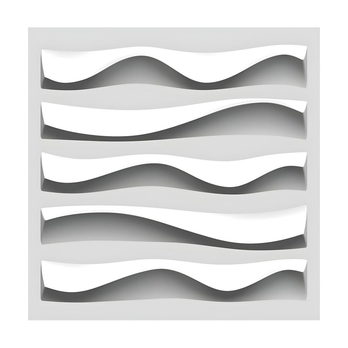 White PVC 3D wall panel, 50 x 50cm, featuring five horizontal twisting wave bands in relief with shadow depth, shown on a plain light background.