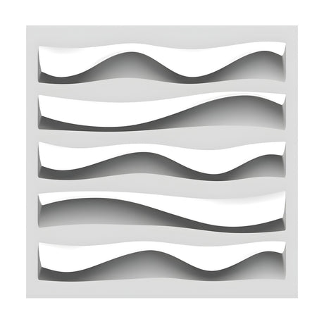 White PVC 3D wall panel, 50 x 50cm, featuring five horizontal twisting wave bands in relief with shadow depth, shown on a plain light background.