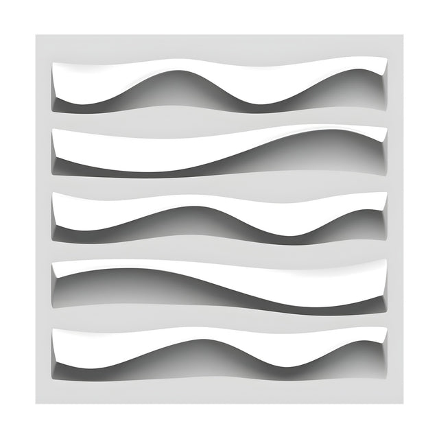 White PVC 3D wall panel, 50 x 50cm, featuring five horizontal twisting wave bands in relief with shadow depth, shown on a plain light background.