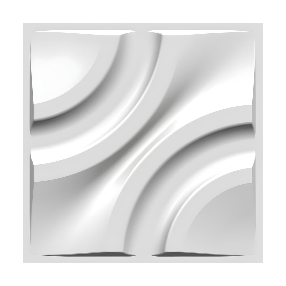 White PVC 3D wall panel, 50 x 50cm, featuring concentric corner arcs with a smooth diagonal wave between opposing curved quarter discs, shown on a plain white background.