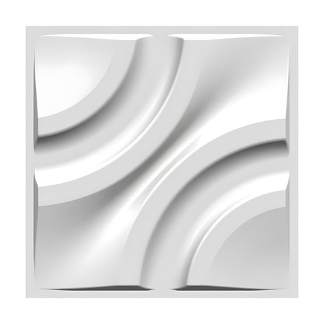 White PVC 3D wall panel, 50 x 50cm, featuring concentric corner arcs with a smooth diagonal wave between opposing curved quarter discs, shown on a plain white background.