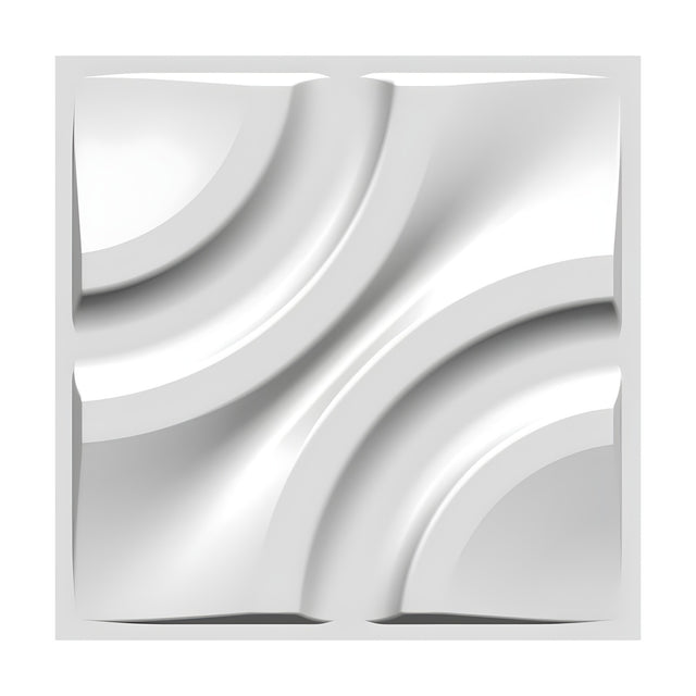 White PVC 3D wall panel, 50 x 50cm, featuring concentric corner arcs with a smooth diagonal wave between opposing curved quarter discs, shown on a plain white background.
