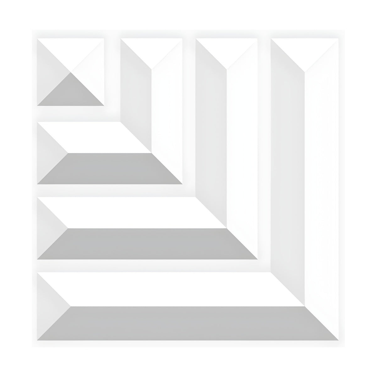 White 3D PVC wall panel, 50 x 50cm, with nested faceted L-shaped bars and a small corner pyramid forming a geometric pattern on a plain background.