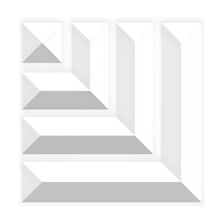 White 3D PVC wall panel, 50 x 50cm, with nested faceted L-shaped bars and a small corner pyramid forming a geometric pattern on a plain background.