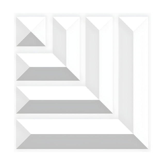 White 3D PVC wall panel, 50 x 50cm, with nested faceted L-shaped bars and a small corner pyramid forming a geometric pattern on a plain background.