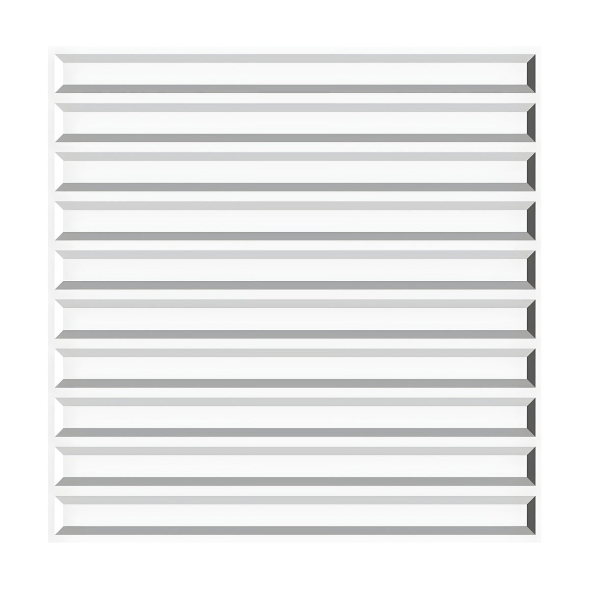 White PVC 3D wall panel, 50 x 50cm, featuring evenly spaced horizontal bevelled slats with raised edges and flat channels, shown on a plain background.