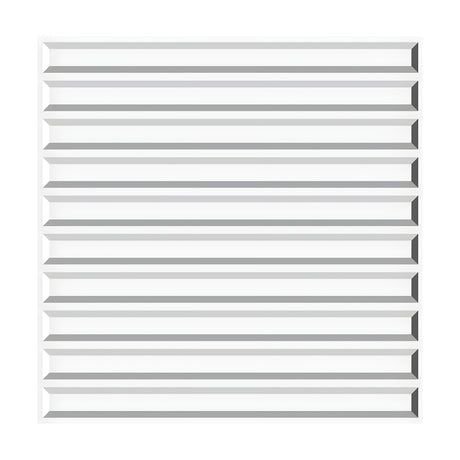 White PVC 3D wall panel, 50 x 50cm, featuring evenly spaced horizontal bevelled slats with raised edges and flat channels, shown on a plain background.