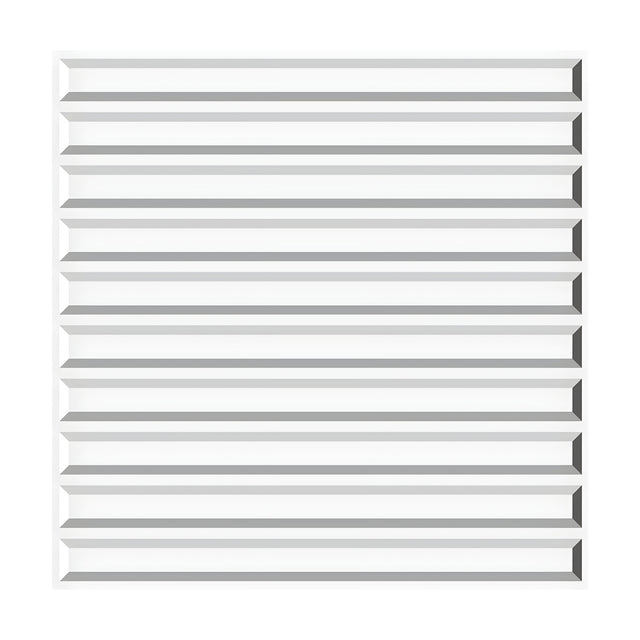 White PVC 3D wall panel, 50 x 50cm, featuring evenly spaced horizontal bevelled slats with raised edges and flat channels, shown on a plain background.
