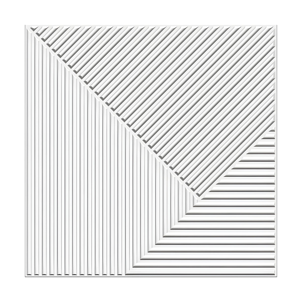 White PVC 3D wall panel, 50 x 50cm, with vertical ribs on the left, diagonal ribs upper right, and horizontal ribs lower right, shown on a plain white background.
