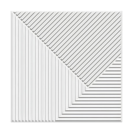 White PVC 3D wall panel, 50 x 50cm, with vertical ribs on the left, diagonal ribs upper right, and horizontal ribs lower right, shown on a plain white background.