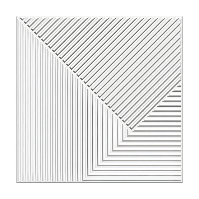 White PVC 3D wall panel, 50 x 50cm, with vertical ribs on the left, diagonal ribs upper right, and horizontal ribs lower right, shown on a plain white background.