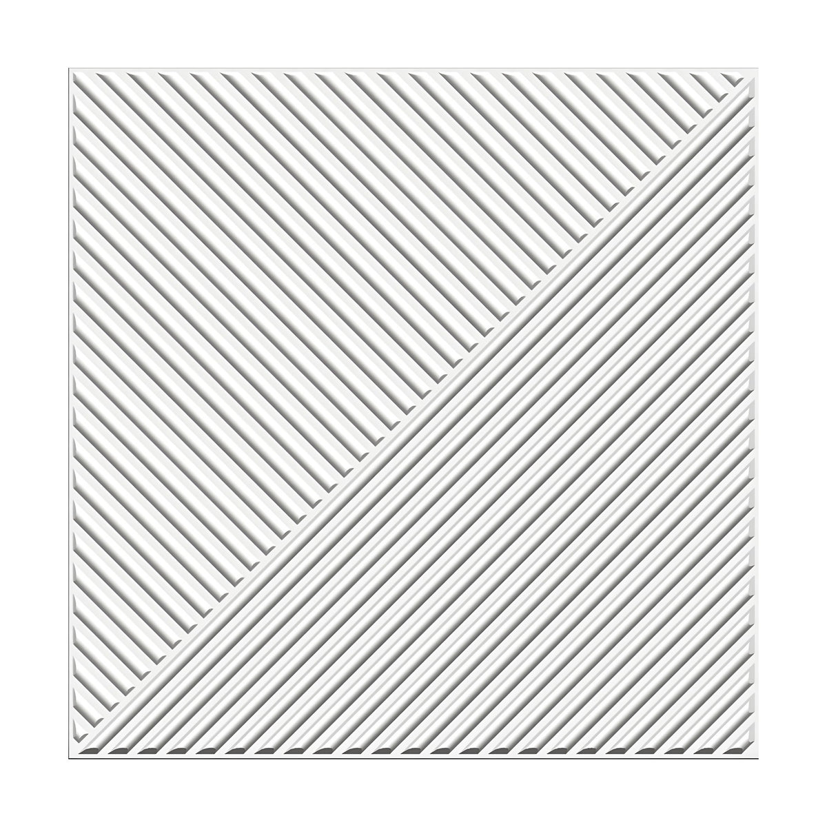 White 3D PVC wall panel, 50 x 50cm, with a diagonal band splitting the square into two triangles of closely ribbed lines running in different directions.