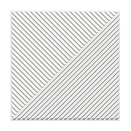 White 3D PVC wall panel, 50 x 50cm, with a diagonal band splitting the square into two triangles of closely ribbed lines running in different directions.