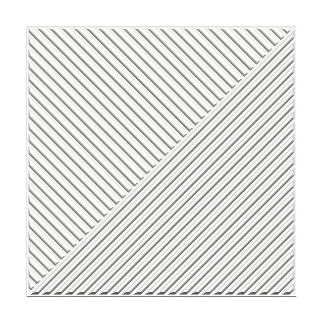 White 3D PVC wall panel, 50 x 50cm, with a diagonal band splitting the square into two triangles of closely ribbed lines running in different directions.