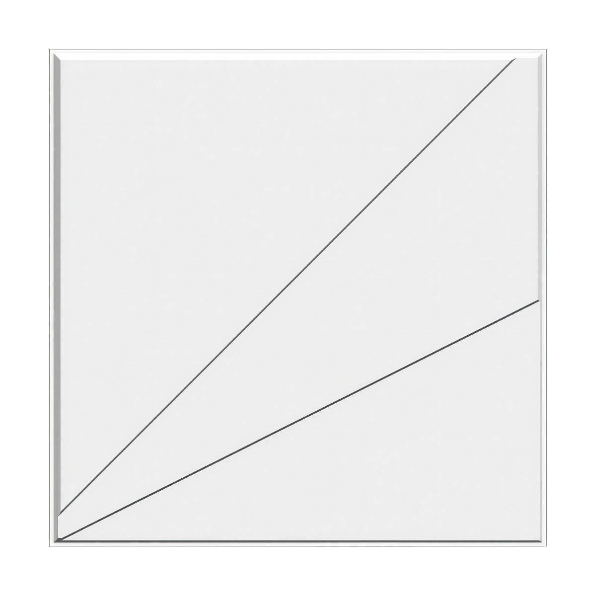 White PVC 3D wall panel, 50 x 50cm, with two diagonal crease lines fanning from one corner, forming three triangular facets on a plain background.