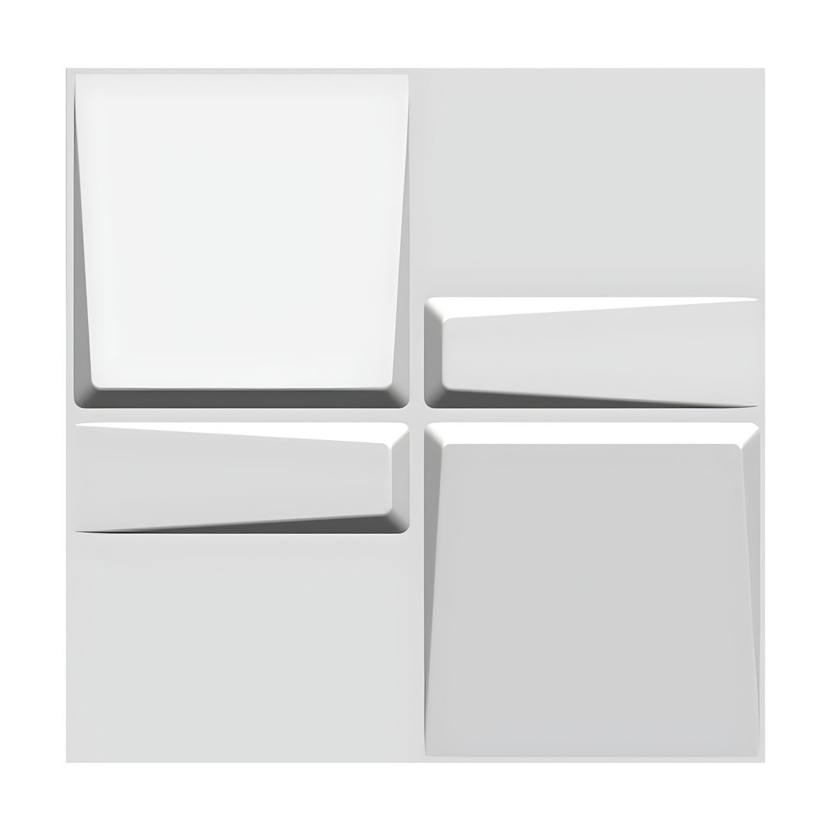 White 3D PVC wall panel, 50 x 50cm, with raised sloping squares in opposite corners and horizontal bars in the remaining quarters, shown against a plain background.