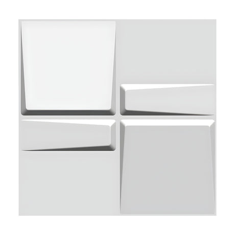 White 3D PVC wall panel, 50 x 50cm, with raised sloping squares in opposite corners and horizontal bars in the remaining quarters, shown against a plain background.