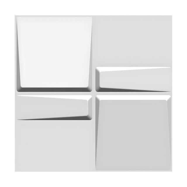 White 3D PVC wall panel, 50 x 50cm, with raised sloping squares in opposite corners and horizontal bars in the remaining quarters, shown against a plain background.