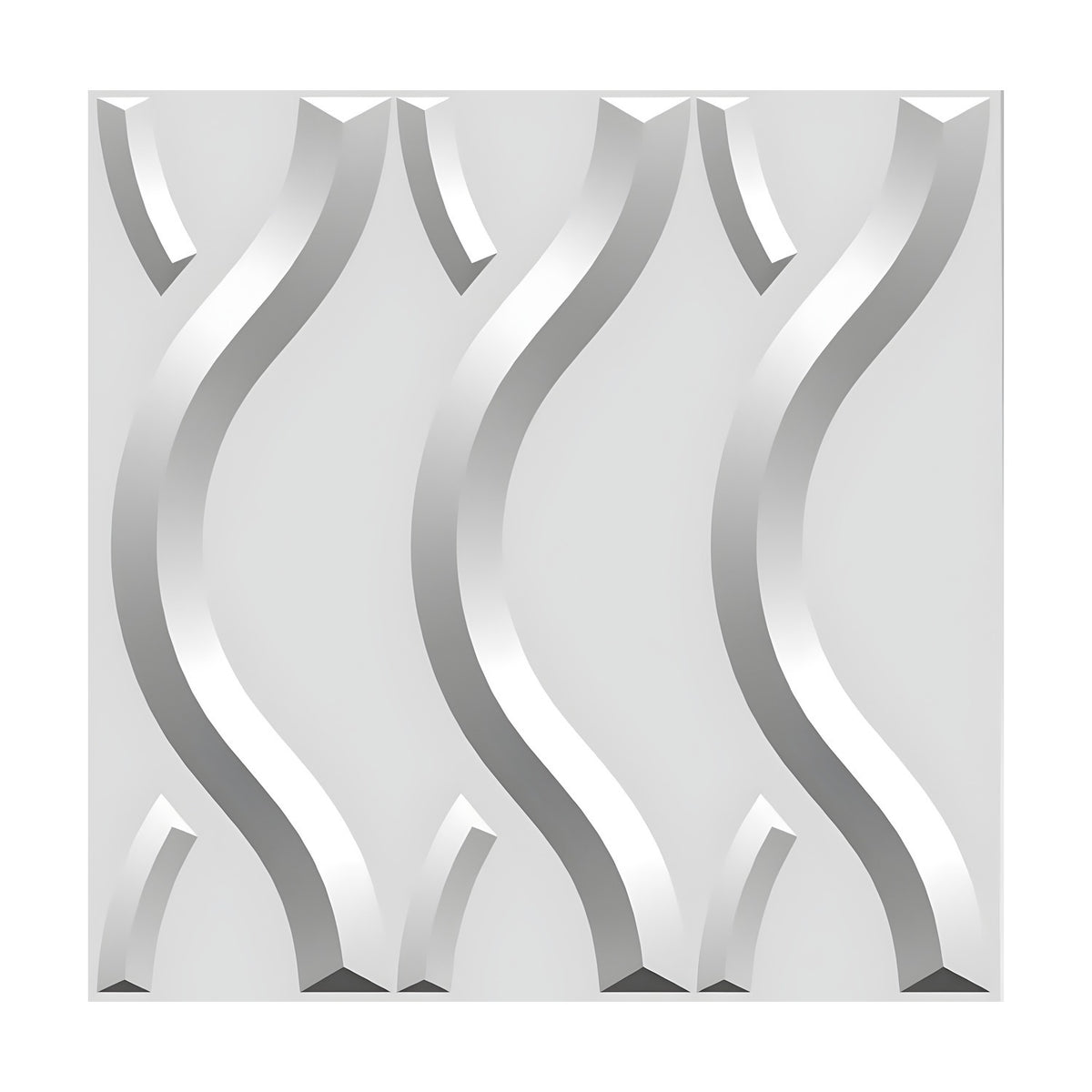 White 3D PVC wall panel, 50 x 50cm, featuring three bevelled wave-like ribs with curved accent pieces, Interlaced Ribbon Wave design on a plain background.