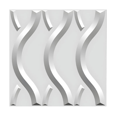 White 3D PVC wall panel, 50 x 50cm, featuring three bevelled wave-like ribs with curved accent pieces, Interlaced Ribbon Wave design on a plain background.