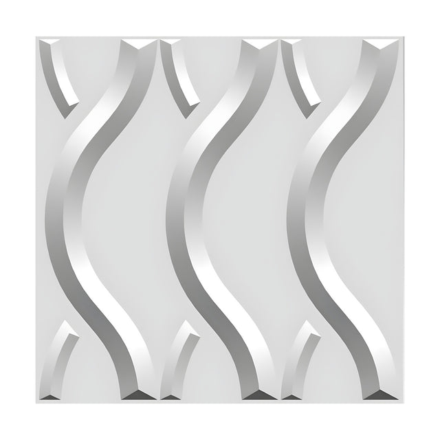 White 3D PVC wall panel, 50 x 50cm, featuring three bevelled wave-like ribs with curved accent pieces, Interlaced Ribbon Wave design on a plain background.