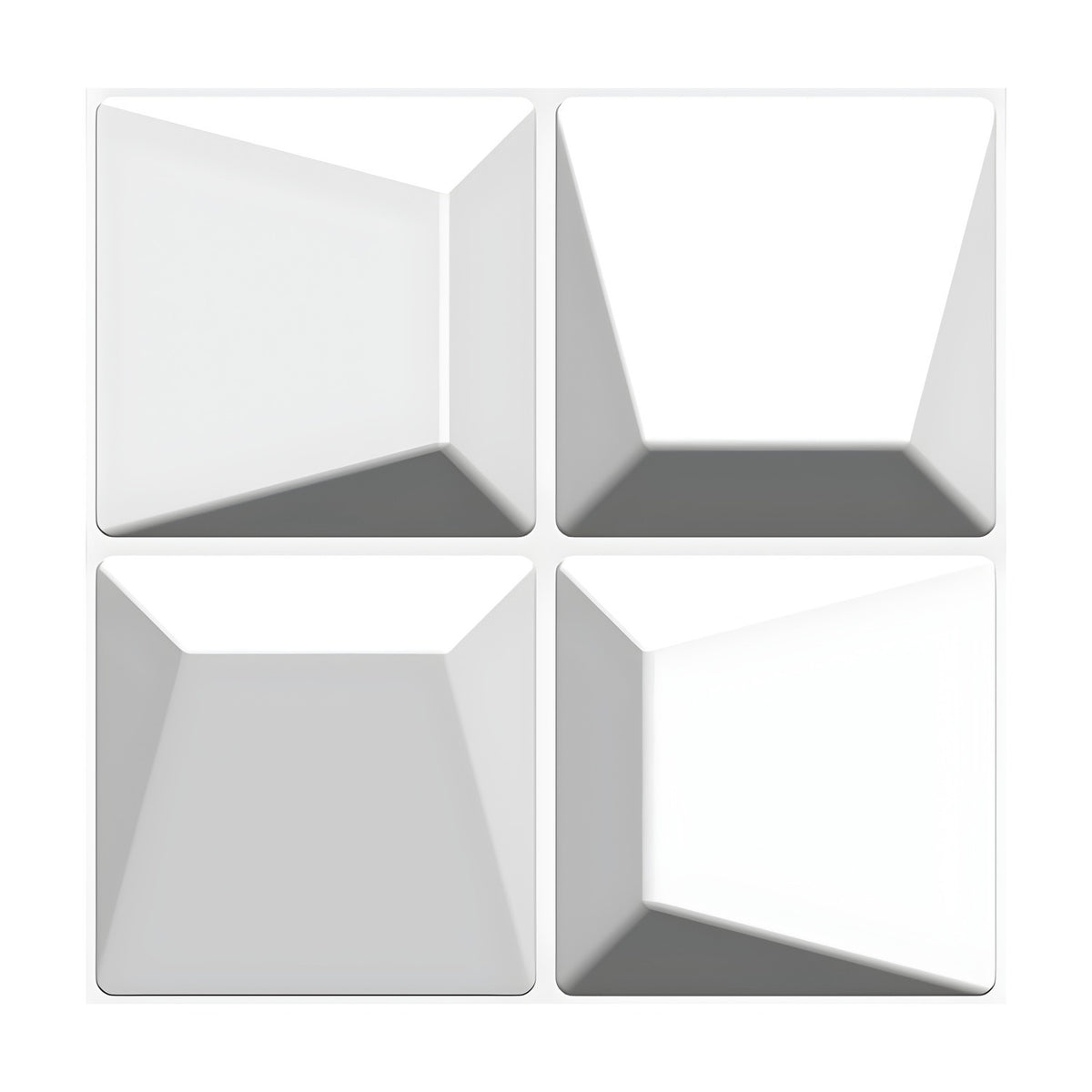 White PVC 3D wall panel, 50 x 50cm, with four offset faceted pyramid squares in a 2x2 grid, shown against a plain white background.