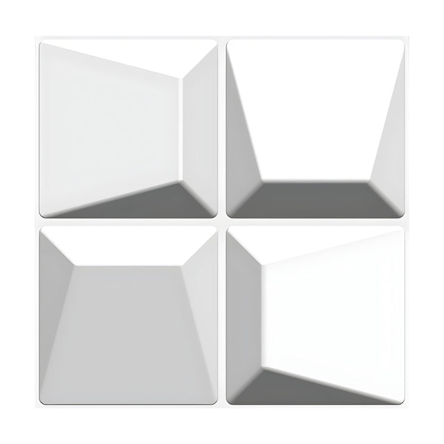 White PVC 3D wall panel, 50 x 50cm, with four offset faceted pyramid squares in a 2x2 grid, shown against a plain white background.