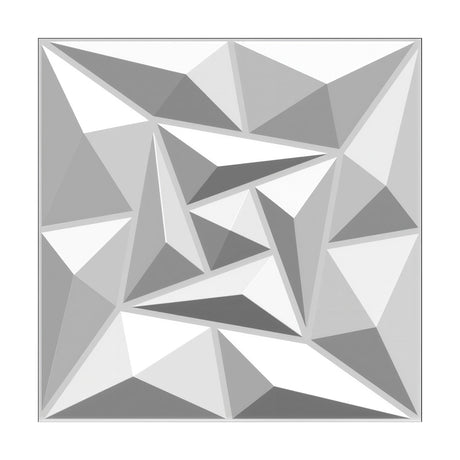 White PVC 3D wall panel, 50 x 50cm, with a faceted triangular pinwheel pattern of geometric pyramids and grooved edges, shown on a plain white background.