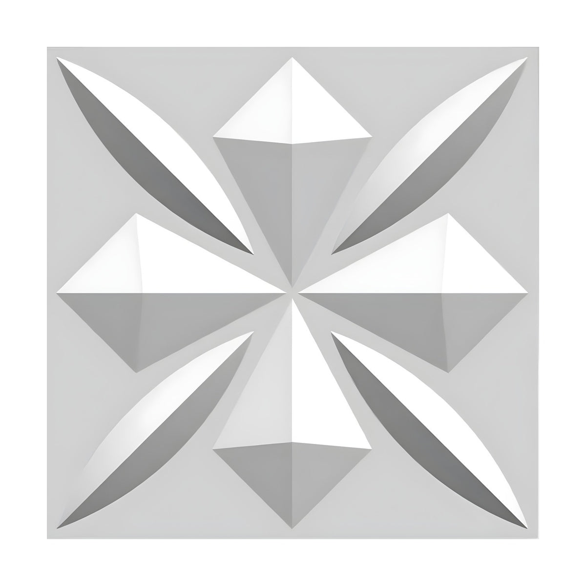 White 3D PVC wall panel, 50 x 50cm, with a raised star motif of four pyramid points and four ridged diagonal leaves, shown against a plain light grey background.