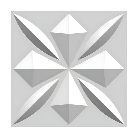 White 3D PVC wall panel, 50 x 50cm, with a raised star motif of four pyramid points and four ridged diagonal leaves, shown against a plain light grey background.