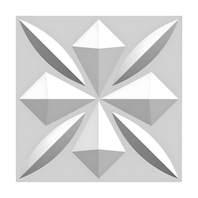 White 3D PVC wall panel, 50 x 50cm, with a raised star motif of four pyramid points and four ridged diagonal leaves, shown against a plain light grey background.