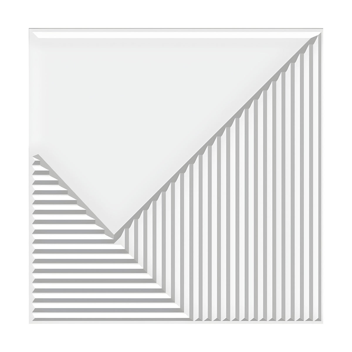 White square 3D PVC wall panel, 50 x 50cm, with a flat triangular surface over fine mitred ribs meeting along a diagonal line.