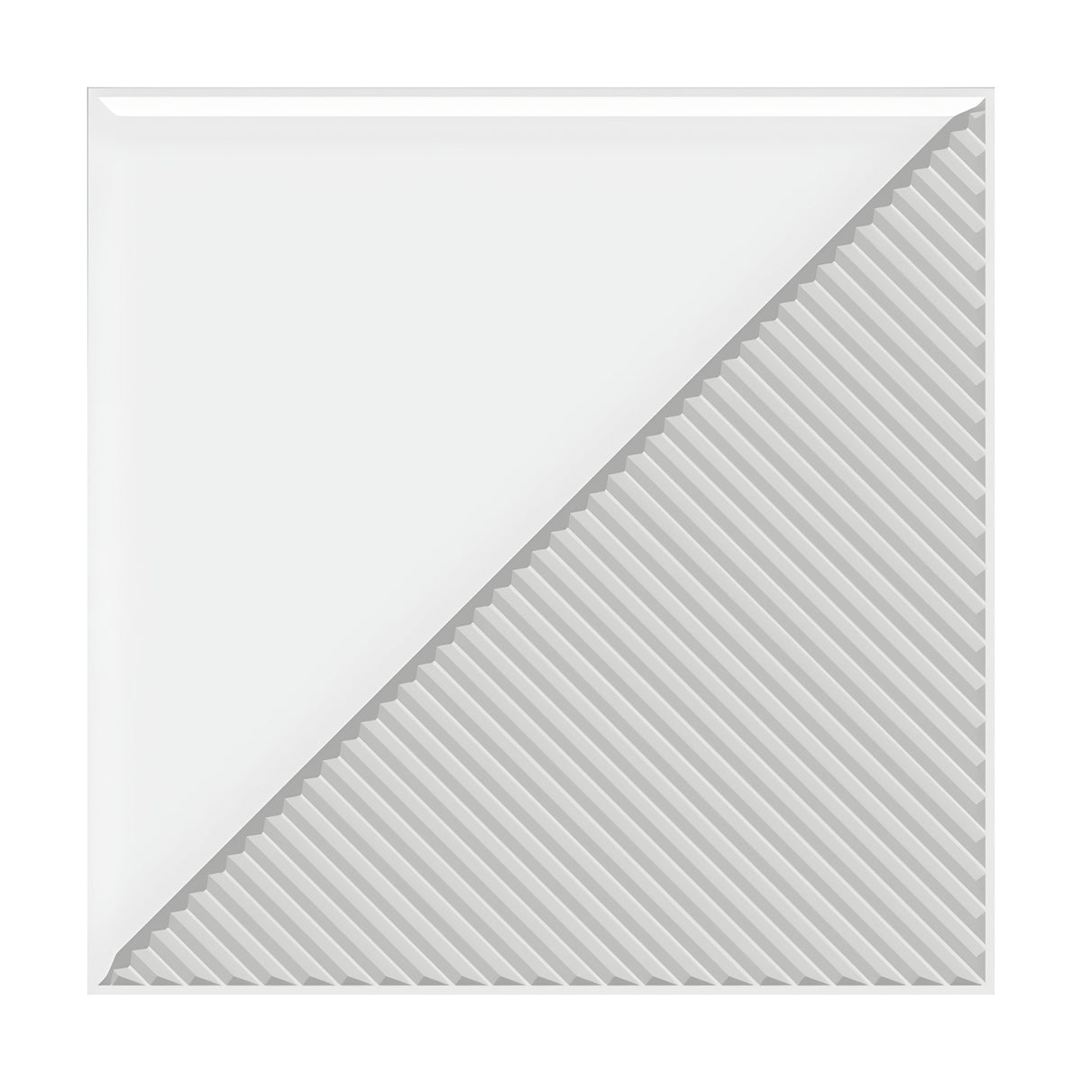 White square 3D PVC wall panel, 50 x 50cm, split diagonally into a smooth flat triangle and a ribbed textured triangle with raised straight ribs.