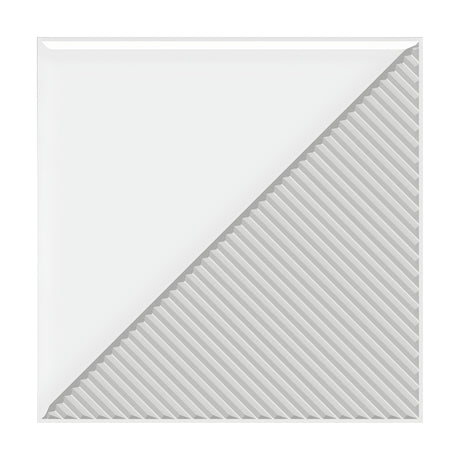 White square 3D PVC wall panel, 50 x 50cm, split diagonally into a smooth flat triangle and a ribbed textured triangle with raised straight ribs.