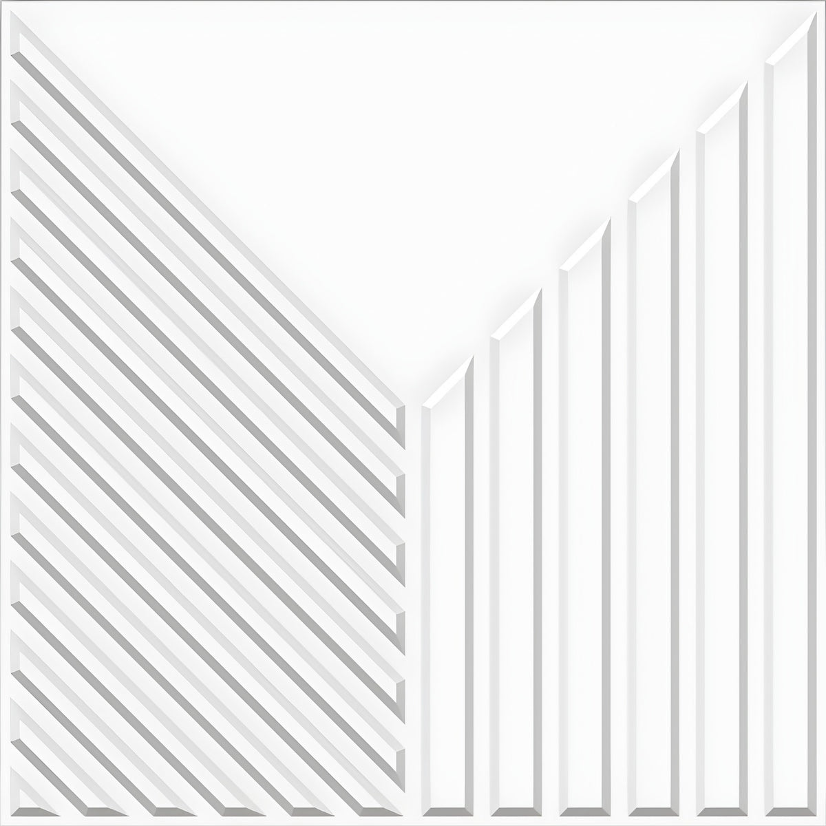White PVC 3D wall panel, 50 x 50cm, with diagonal ribs on the left and vertical ribs rising on the right, meeting a flat triangular white field at the top.