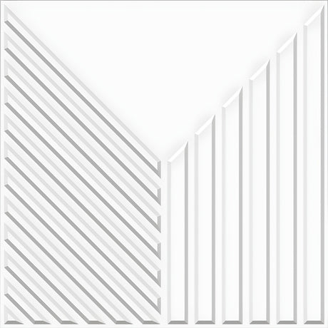 White PVC 3D wall panel, 50 x 50cm, with diagonal ribs on the left and vertical ribs rising on the right, meeting a flat triangular white field at the top.