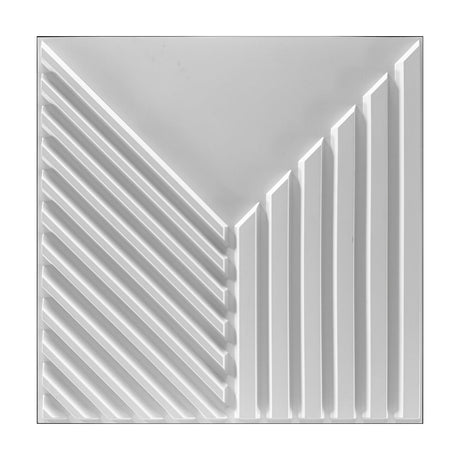 White PVC 3D wall panel, 50 x 50cm, with diagonal ribs on the left and vertical ribs on the right meeting a flat triangular centre, on a plain white background.