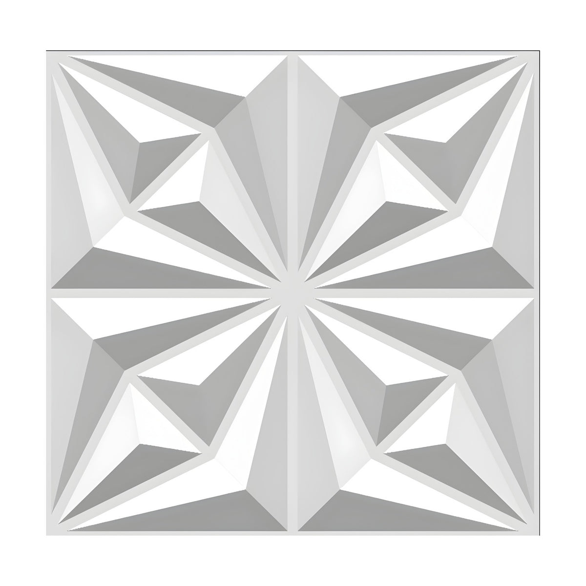 White PVC 3D wall panel, 50 x 50cm square, with a faceted pinwheel starburst pattern radiating from a central point across four mirrored quarters.
