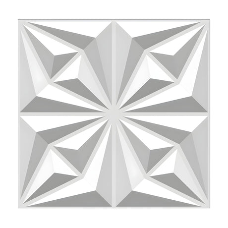 White PVC 3D wall panel, 50 x 50cm square, with a faceted pinwheel starburst pattern radiating from a central point across four mirrored quarters.