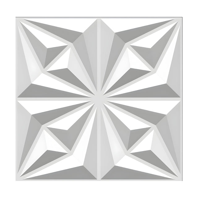 White PVC 3D wall panel, 50 x 50cm square, with a faceted pinwheel starburst pattern radiating from a central point across four mirrored quarters.