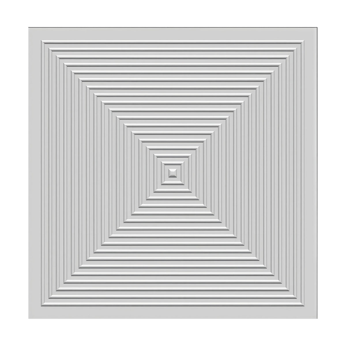 White 3D PVC wall panel, 50 x 50cm, featuring nested concentric square ridges stepping inward to a small raised central pyramid, shown on a plain background.