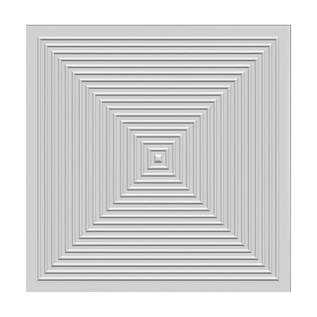 White 3D PVC wall panel, 50 x 50cm, featuring nested concentric square ridges stepping inward to a small raised central pyramid, shown on a plain background.